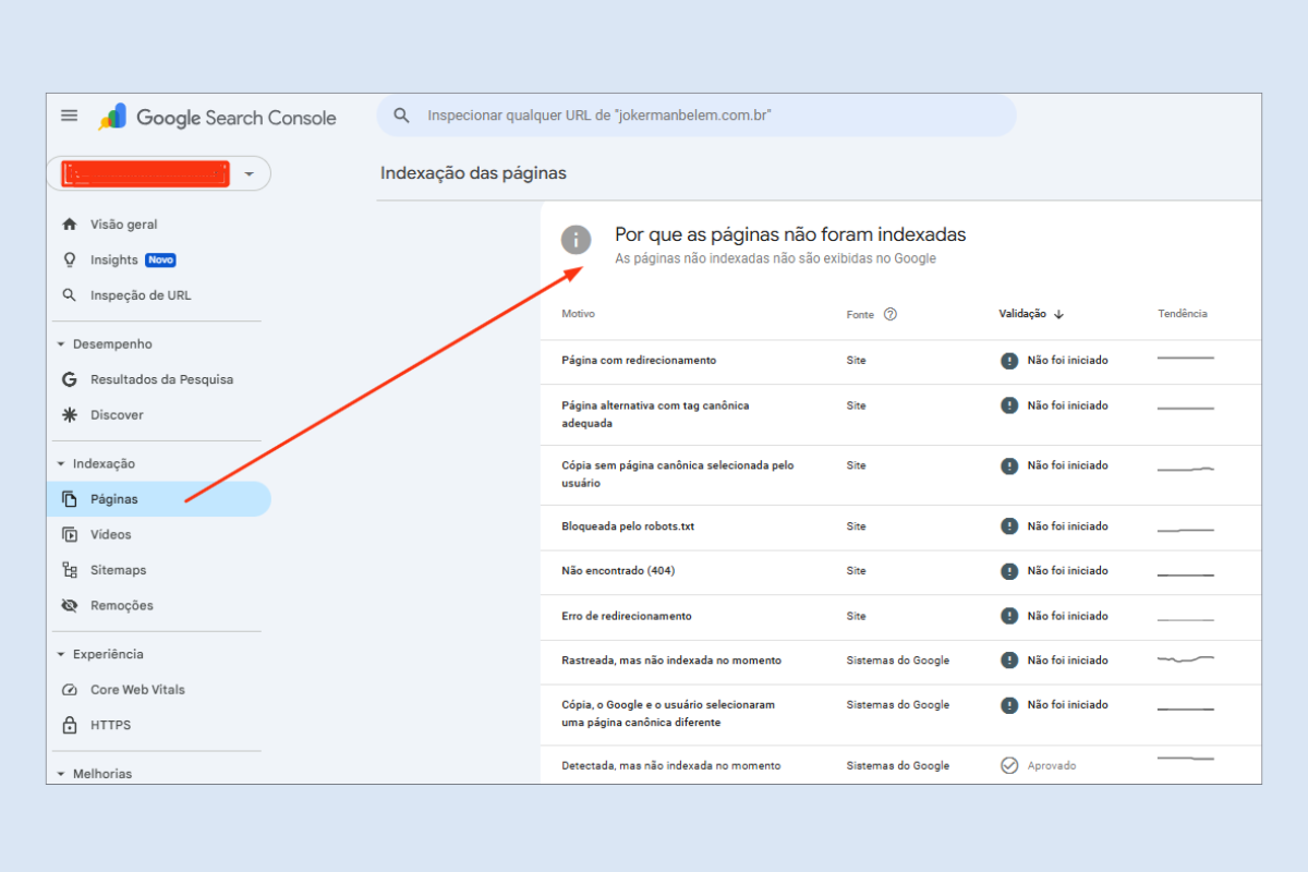 tela do Google Search Console que mostra o relatório de Páginas, na seção "Por que as páginas não foram indexadas"